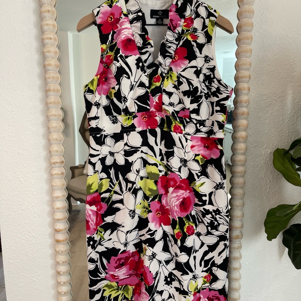 Ronni Nicole Black and Pink Floral Midi Dress